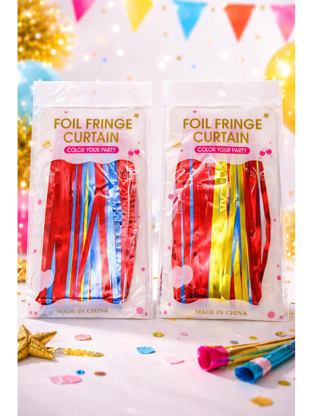 2-pk Colorful Foil Fringe Curtain Party Backdrop Metallic Tinsel Door Wall Decor